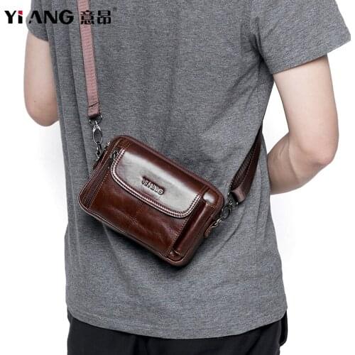 YIANG Brand Genuine Leather Mens Waist Packs 7 inch Cell Phone Pouch Belt Bags For Male Small Chest Shoulder Messenger Bag