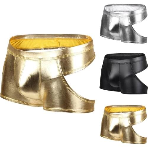 Gay Men Sexy Underwear Thong High Quality Shiny Faux Leather Hollow open Shorts Briefs String Sissy Lingerie for Men jockstrap