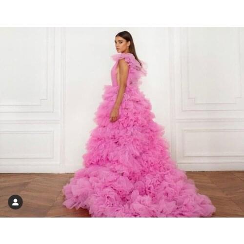 Newest Pretty Pink High Low Ruffles Tulle Prom Gowns 2021 Sexy Long Tulle Wome Formal Wedding Party Dress Puffy Robe