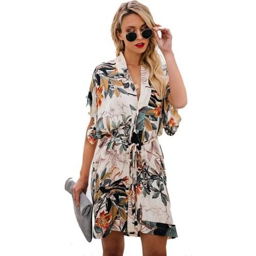 2019 New Summer Dress Fashion Trendy Temperament Casual Print Large Size Loose Slim Short Sleeve V Collar Women Dresses ZW129