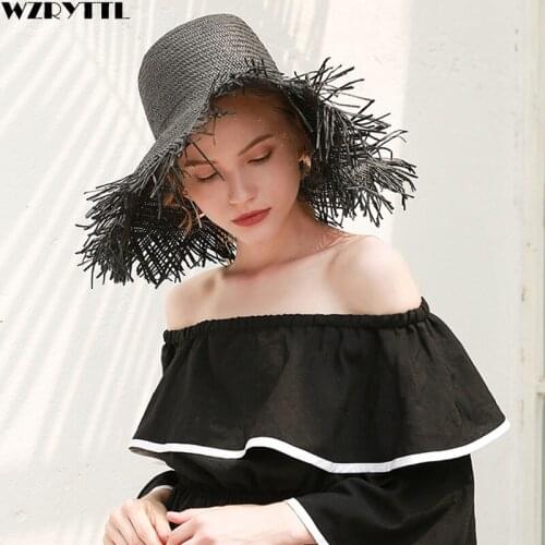 White Black Women Summer Hats large Fringed Brim Beach Hat UPF50 UV Floppy Straw Hats Travel Kentucky Derby Hat Ladies Sun Cap