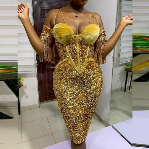 Cold Sparkle Sequined Mermaid Prom Dresses Tassels Off The Shoulder robes de cocktail Velvet Top Exposed Boning Evening Dress