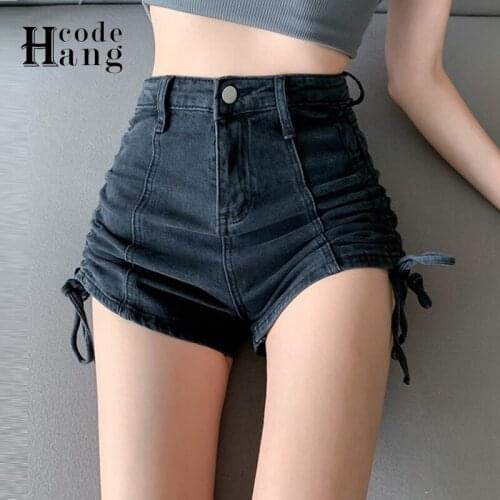 HangCode High Waist Denim Shorts Women Summer 2021 New Hot Fashion Girl Shirring Ruched Black Shorts Sexy Fitness Short Jeans