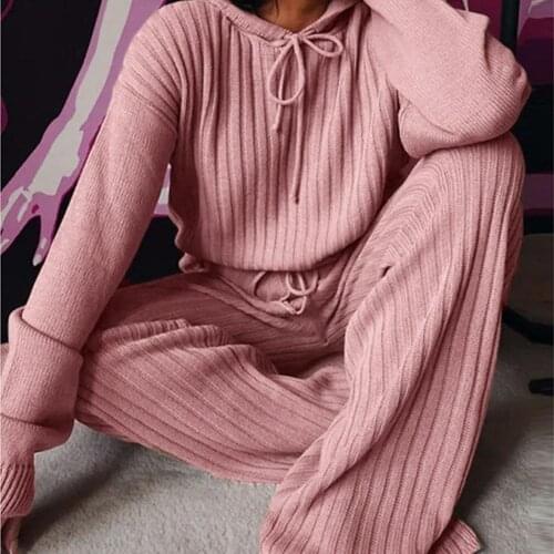 Womens Outfits Sets Autumn Long Sleeve Hoodie Wide Leg Pants Knitted Outfit Lounge Wear Set 2 Piece Set Warm Casual Tracksuit