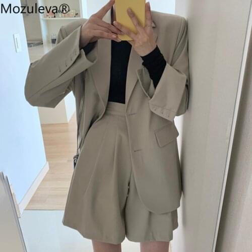 Mozuleva Office Lady Blazer Jacket Korean Two Piece Set Women Vintage Wide Leg Shorts Wide Leg Shorts Blazer Short Suits Casual