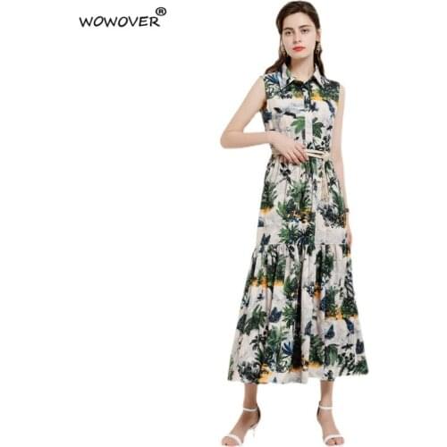 Fashion Designers Womens Sleeveless Print Casual Long Holiday Dresses for Summer Female Clothing Shirt Collar Vintage Vestidos