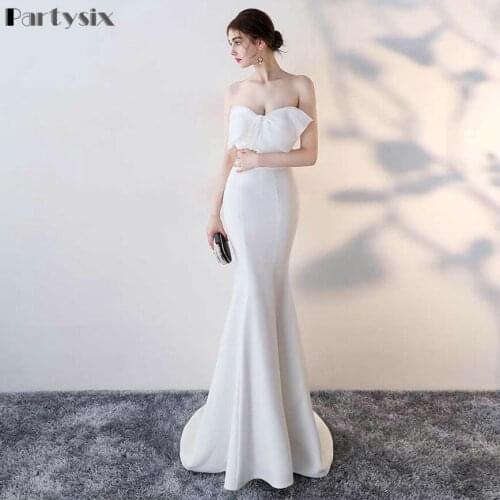 Partysix White Big Bow Knot Evening Dress Mermaid Off Shoulder Prom Gown Dress Simple Fitted Elastic Formal Dresses Elegant