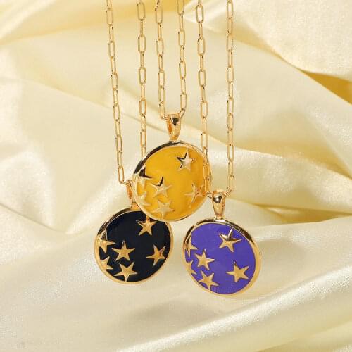 New Ins Vintage Color Star Round Necklace Simple Drop Oil Star Universe Pendant Necklaces For Women Girls Fashion Jewelry