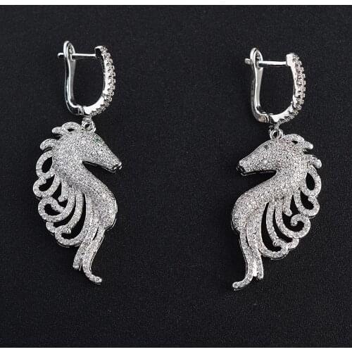 18*52mm 1pair Sea Horse Cubic Zircon Paved CZ Hoop Earrings
