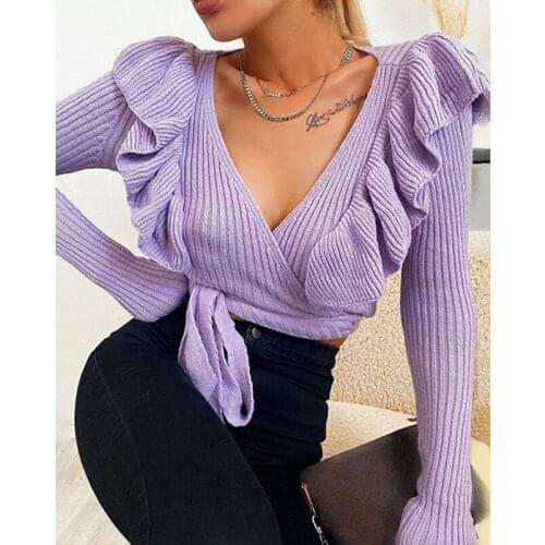 2021 Sexy Bandage Drawstring V-neck Long Sleeve T-shirt Blouse Top Slim Fit Ladies Fashion Clothes Autumn Knitted Crop Top