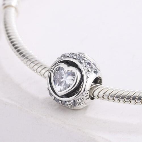 925 Sterling Silver Sparkle Heart Shaped Clear Cubic Zirconia Pendant Charm Bracelet DIY Jewelry Making For Original Pandora