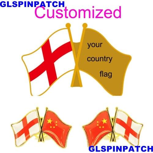 England Crossed Friendship Flag Double Country lapel pin Brooch USA UK France Chile Russia Saudi Arabia Japan Spain Badge