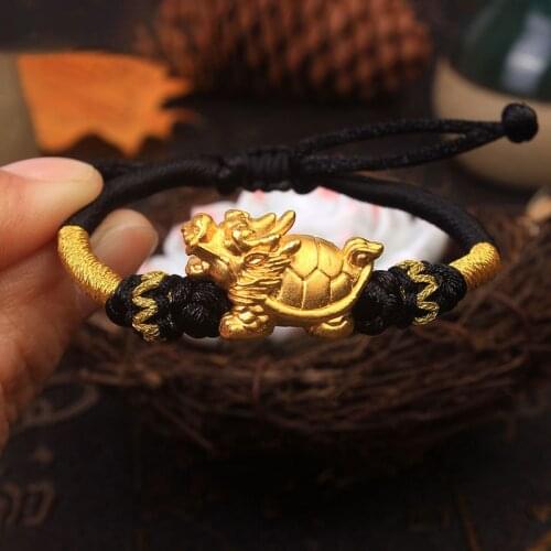 Pure 24k Yellow Gold Bracelet 3D Luck Dragon Tortoise Black Cord Bracelet 6.3"L