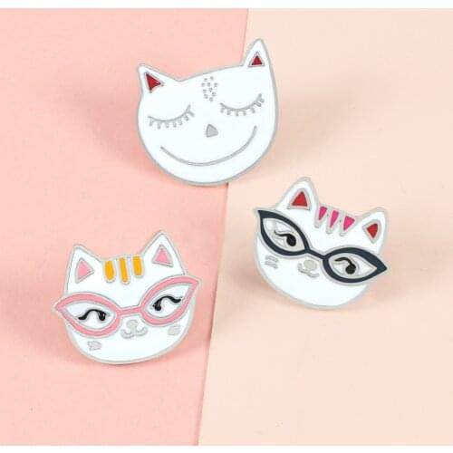 White Cat Enamel Pins Cartoon Glasses Animal Brooches Clothes Collar Lapel Pin Bag Metal Badges Jewelry Gift For Kids Women Men