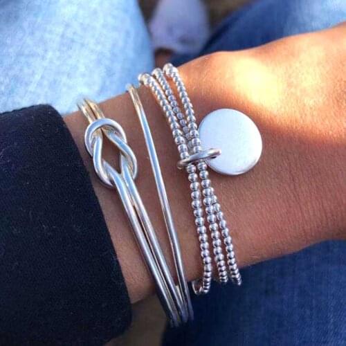 IFMIA New Fashion Women Knot Open Bracelets Multilayer Beads Chain Sequin Round Pendant Tassel Bangle Bracelet Set Party Jewelry