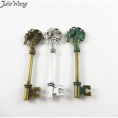 Julie Wang 6pcs Mix Sale Seahorse On Top Old Fashion Key Shape Long Pendant Charm Handmade Keychain Vintage Necklace Finding