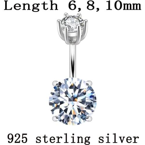 Belly button ring 925 pure silver body piercing women real genuine silver round zircon stone clear navel bar body jewelry 1pc