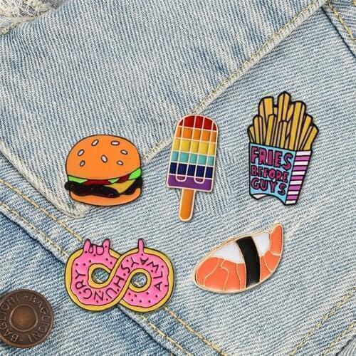 Cartoon Fast Food Brooch Sushi Ice Cream Donut Hamburger Fries Enamel Pin Denim Shirt Collar Label Pins Badge Kids Jewelry Gift