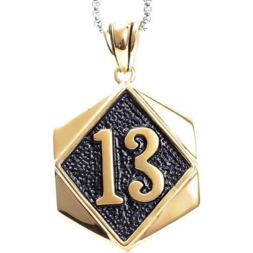 Mens Gold Tone 316L Stainless Steel Lucky 13 Biker Motorcycle Club Pendant