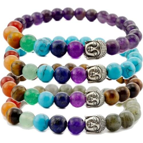 Natural Gems Stone Amethysts Turquoises Lapis Lazuli Beaded Bracelet Healing Buddha Charm 7 Chakra Reiki Stone Bracelets Women