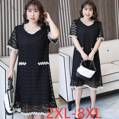 New 2021 summer plus size dress for women large short sleeve loose straight elegant lace dress black 3XL 4XL 5XL 6XL 7XL 8XL
