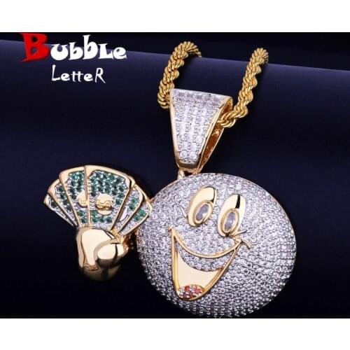 Happy Face Money Dollar Pendant Necklace Bling Cubic Zircon Mens Hip Hop Rock Jewelry