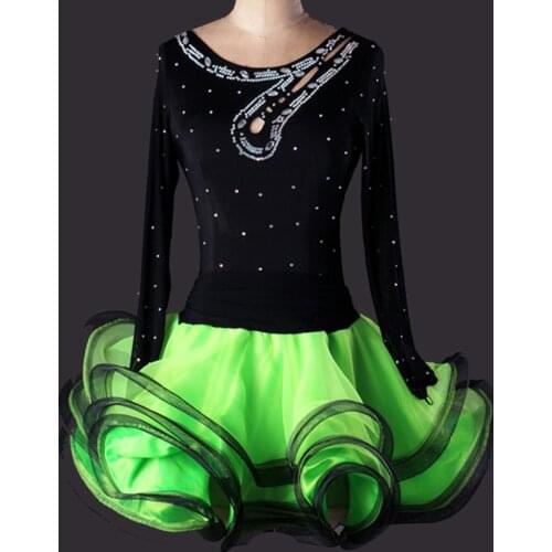 New Long Sleeve Rhinestone Latin Dance Dress Professional Rumba Dancing Practice Clothes Ballroom Dance Competition Stage Dress