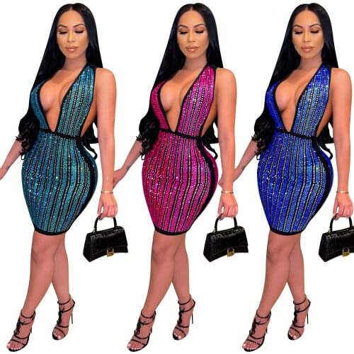 Zoctuo Sleeveless Sexy Dresses For Women Rhinestone Patchwork Deep V Neck Mini Dress Drawstring Summer Dresses For Women