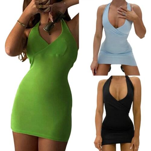 Female Dress, Solid Color V-Neck Sleeveless Low-Cut Sexy Halterneck Sundress for Summer, S/M/L