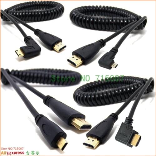 Right & Left Angle Mini HDMI- compatible HDMI & Micro HDMI male to male stretch Spring Curl Flexible Cable V1.4 DSLR 0.5M/1.5M