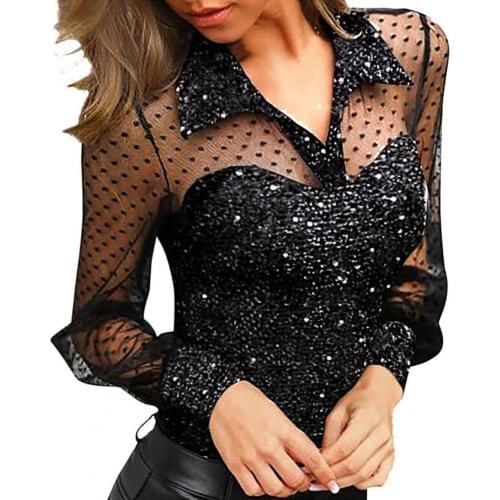 Sexy Women V Neck See Through Long Sleeve Floral Sequins Slim Blouse T-shirt