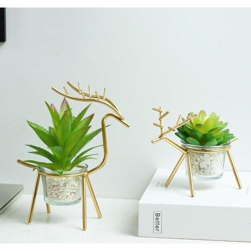 Northern Light Luxury Creative Simple Modern Wrought Iron Deer Desktop Decorations Fleshy Flower Pot Ornaments Small Crafts