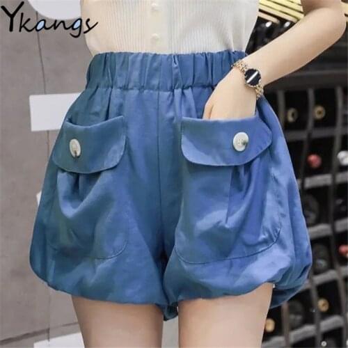 Big Pocket Button Solid High Waist Cargo Sweat Shorts Women Harajuku Summer Biker Short Female Korean Wide Leg Sports Hot Pants