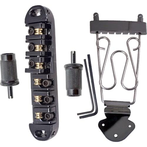 String Trapeze Tailpiece Roller Saddle Bridge with Large Threaded Posts Studs and Wrenches for Jazz Archtop Guitar - Black