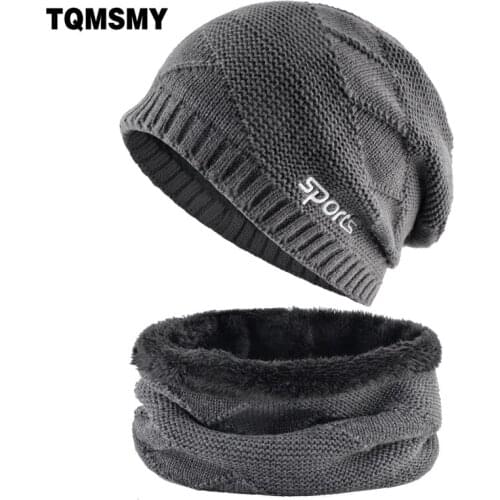 TQMSMY Thick Winter Hat And Scarf Set For Men Warm Knitted Double Layer Beanies Scarf Add Velvet Sport Hats Sets Bonnet TMA97