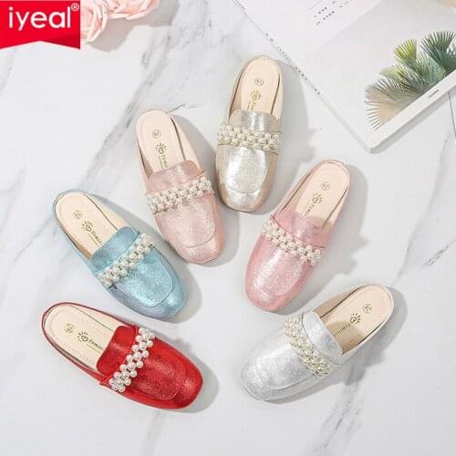 Princess Girls Loafers Shoes Beautiful Color Beaded Children Girls Leather Half Slippers Soft Bottom Sandals And Slippers Shoes