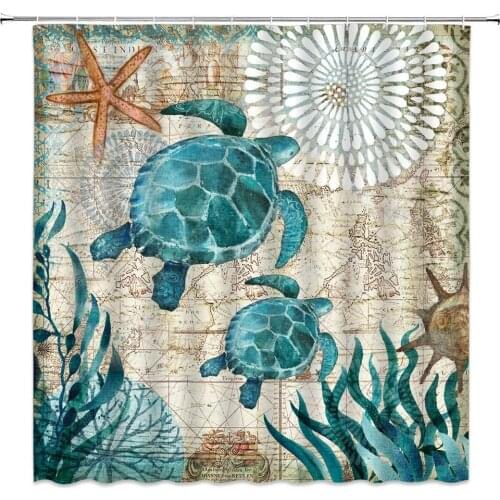 Sea Turtle Shower Curtains Funny Ocean Animal Blue Teal Turtle Beach Bathroom Polyester Fabric Home Bath Cloth Curtain Set