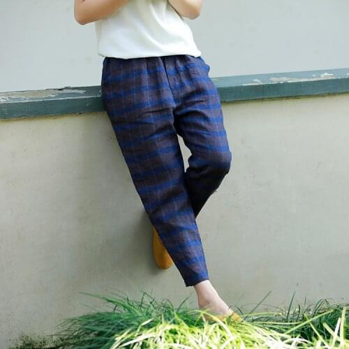 Women Linen Elastic Waist Plaid Pants Ladies 2020 Spring Summer Flax Trousers Female Retro Plaid Pants