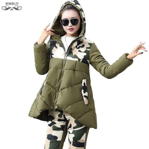 2 Piece Set Women Winter Hooded Splice Camouflage Jacket 2019 Spring Cotton Coat Elastic Pants Two Sets Female Clothing HJ208
