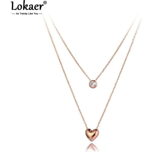Lokaer Bohemia Design Double Layer Heart Pendant Necklaces For Women Stainless Steel CZ Crystal Chain Choker Necklace N20149