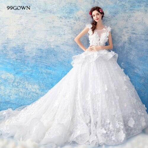 99GOWN Women Lace Simple 2021 A-Line Luxury Handmade Flower Tulle Sleeveless Bridal Wedding Dress