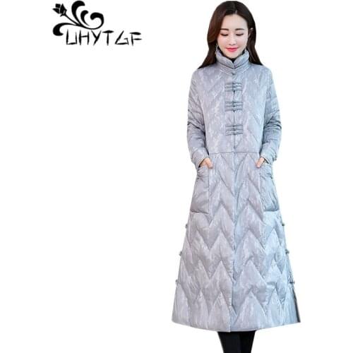 UHYTGF Winter coat women quality down jacket Parkas mujer Retro single-breasted stand collar Cotton coat female plus size 1047