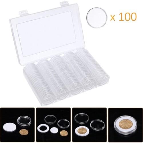 1pc Coins Collectible Display Storage Box Case Collectible Coin 5 Sizes 17-30mm W/ 100 Capsules