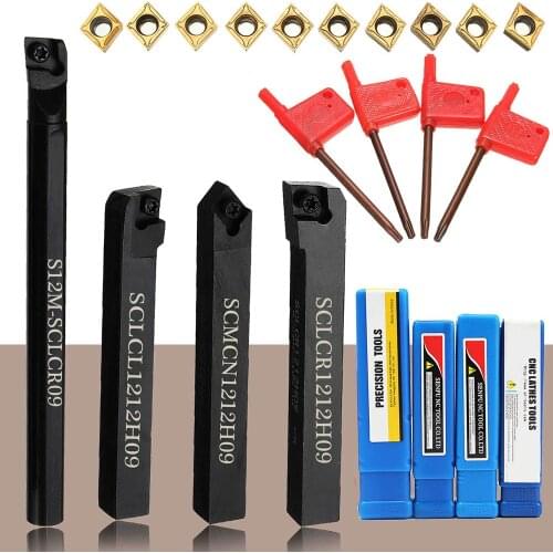 4 PCS 12MM Shank Lathe Turning Tool Holder Boring Bar With 10PCS Carbide Insert And 4PCS Wrench