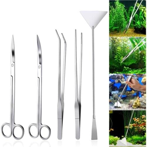 5 in 1 Stainless Steel Aquarium Aquascaping Kit Aquarium Tank Aquatic Plant Tools Sets Tweezers Scissor Spatula
