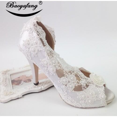 BaoYaFang 2019 New arrival For woman White peep toe Flower Wedding Bridesmaid shoe Ankle Strap High shoes sweet party shoe