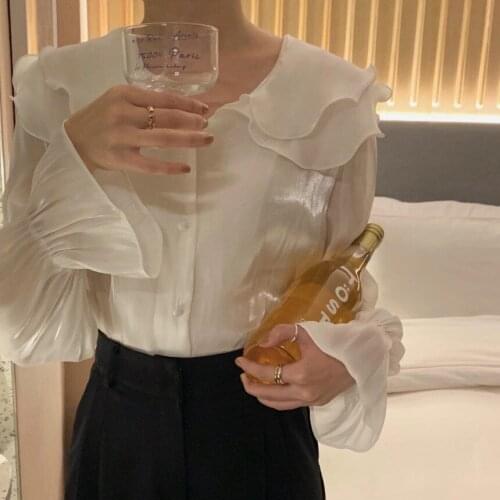 Korean Chice Blouses Ruffled Collar Flare Sleeve Loose Temperament Womens Shirt Spring Autumn Tops Blusas De Mujer New Clothes