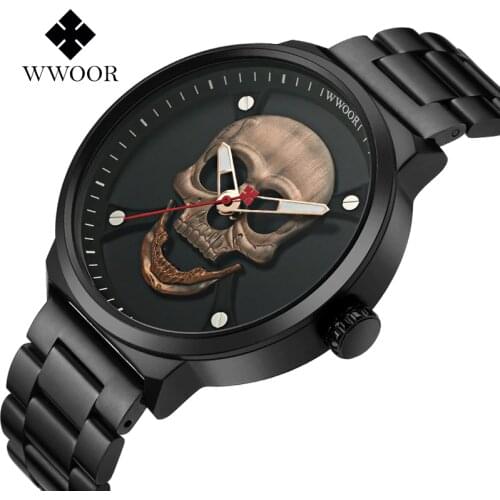 WWOOR Fashion Pirate Style Skull Watch Men Top Brand Luxury Men Waterproof Stainless Steel Quartz Wrist Watches Sports Men Clock