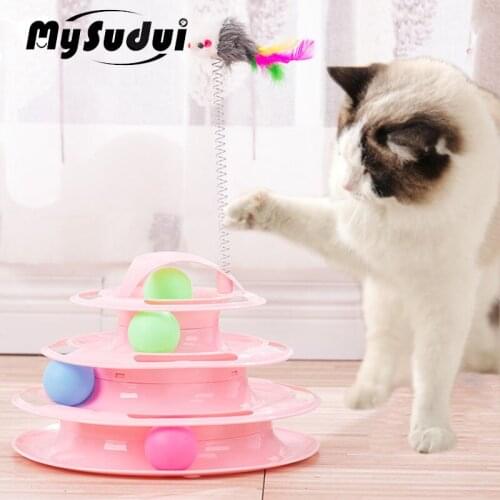 Four Levels Cat Tower Toy Ball Tracks Teaser Mouse Feather Stick Anti-Slip Cat Ball Disk Interactive Toy For Iq Training Cats