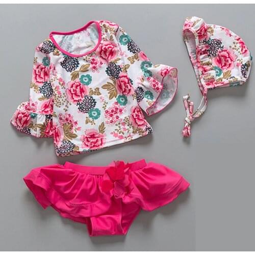 Children Two Pieces Girls Swimsuit With Cap Flower Sun-proof Long Sleeve Swimsuit 2020 Kids Cute Skirt Swimwear Bathing Suit